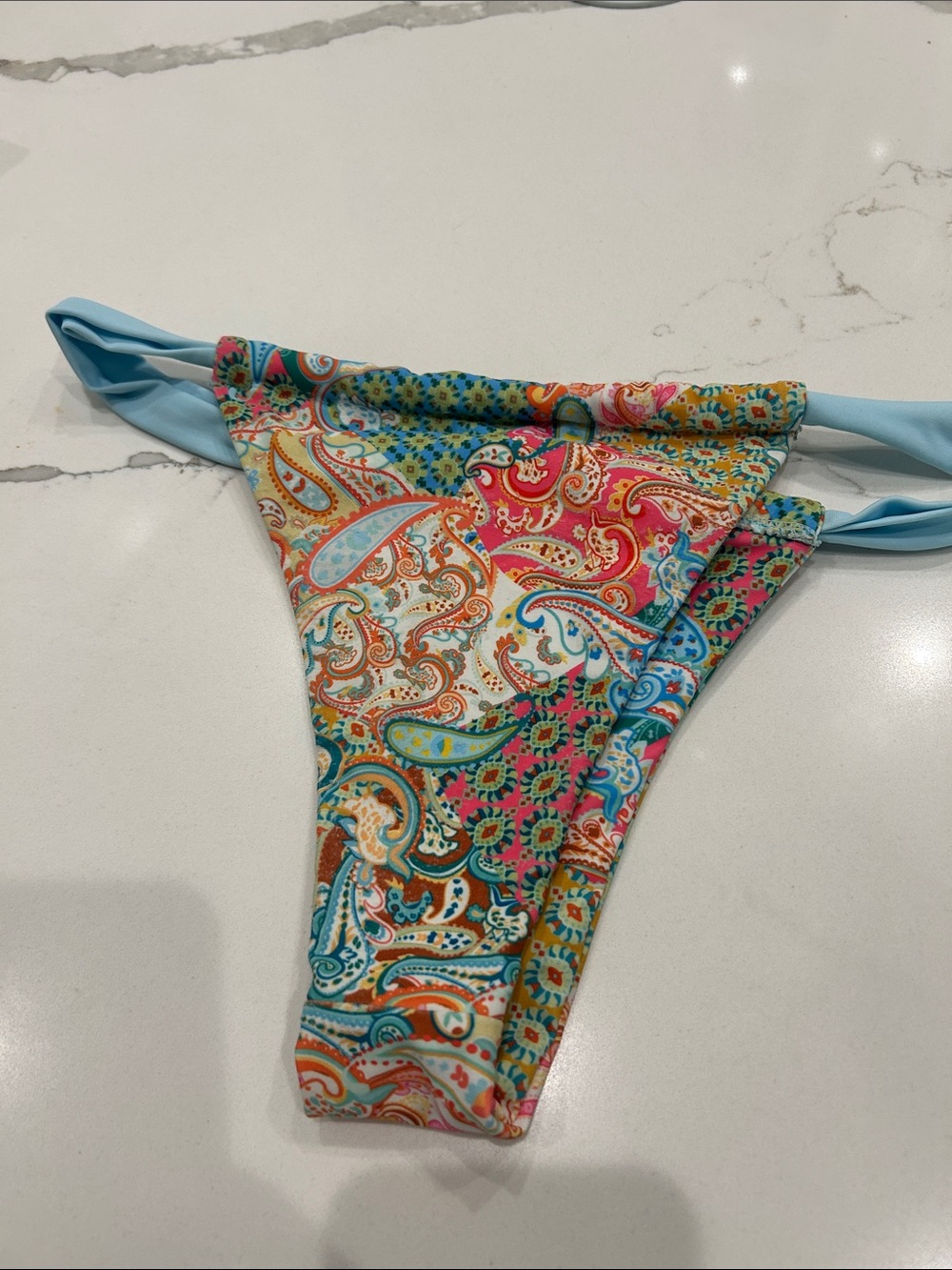 Women’s Multi-Color Paisley Bikini Bottom with Light Blue Ties